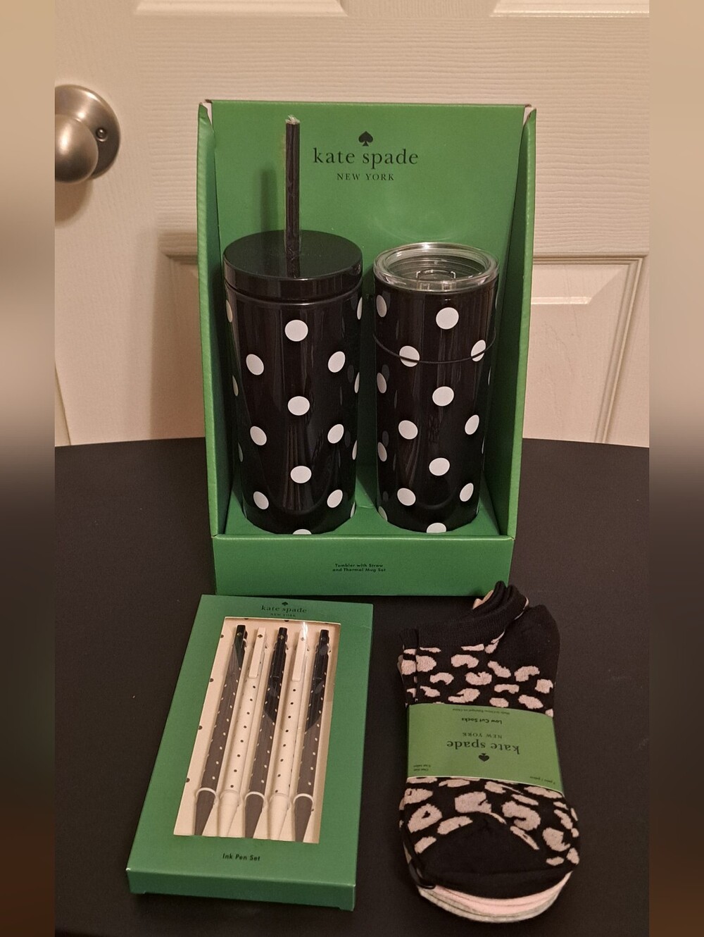 10 pc Kate Spade Black & White Polka Dot Tumbler and Travel Cup Set, socks, pens